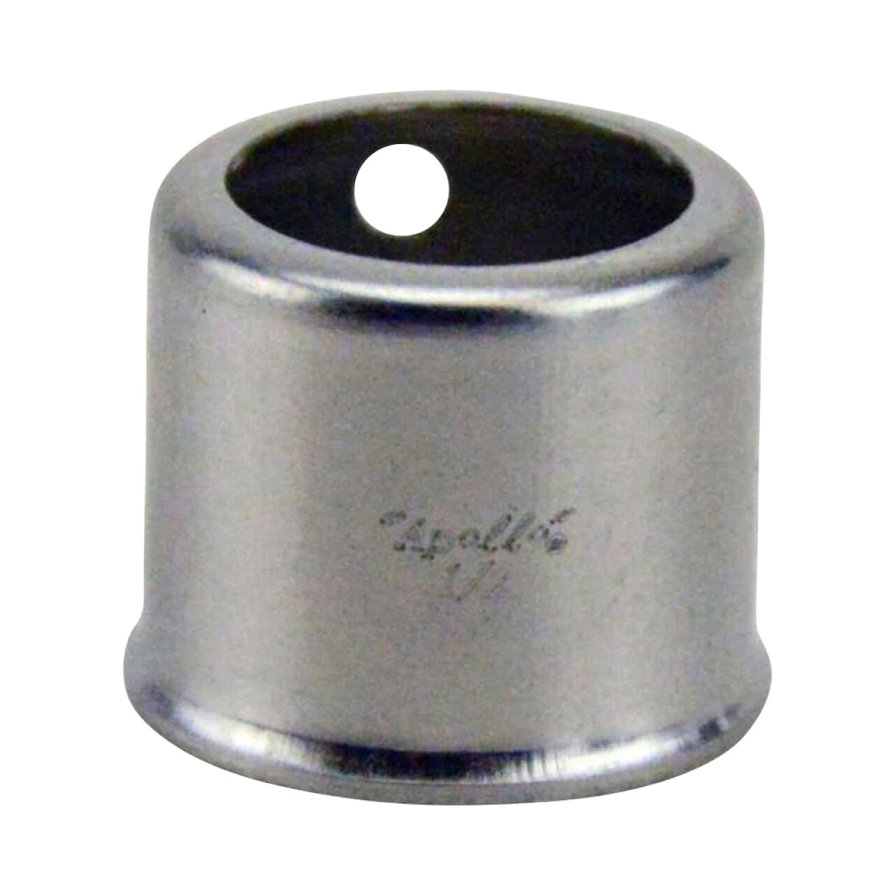 The Go Build 3/4 in. Stainless Steel PEX Crimp Sleeve is a small, cylindrical, corrosion-resistant connector with a single hole near the top and an engraved label—ideal for secure PEX connections.